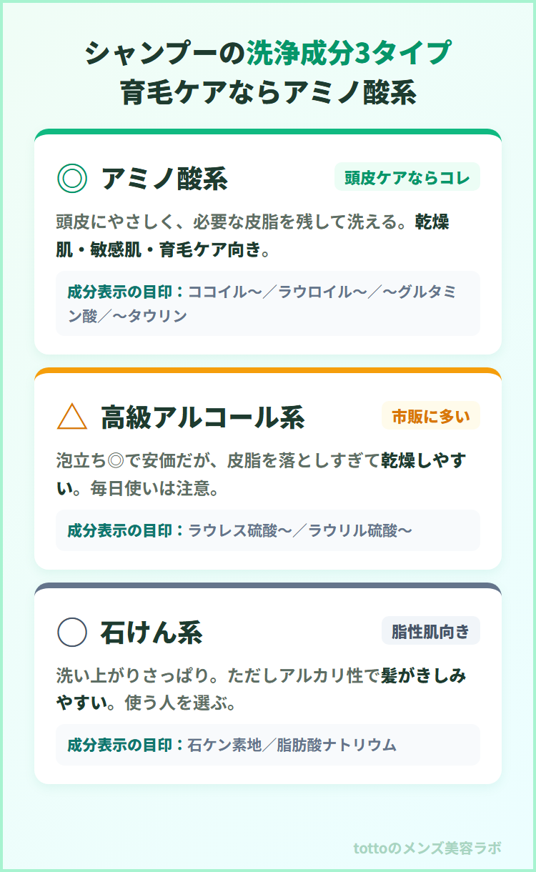 シャンプーの洗浄成分3タイプ比較図解